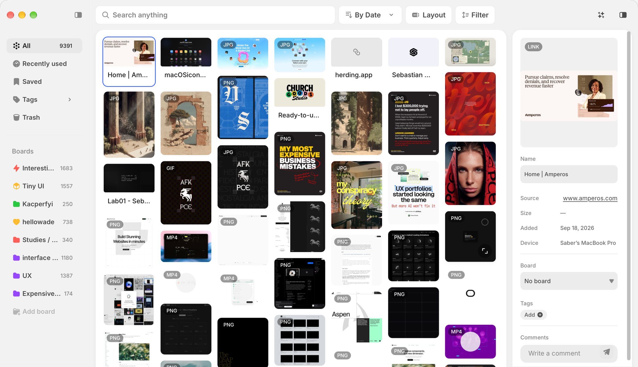The Mise library: a grid of saved images with boards on the left.